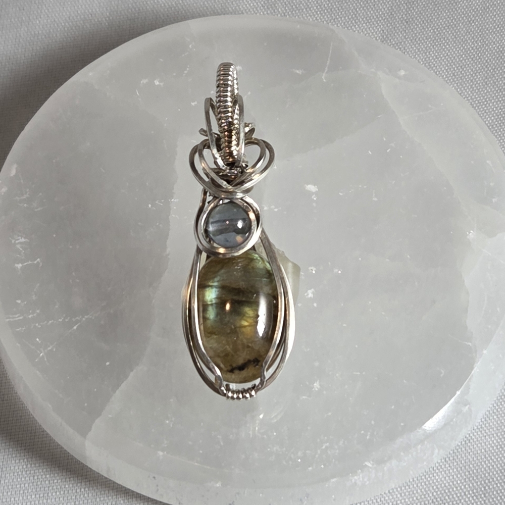 Argentium Silver Wrapped Labradorite And Blue Moonstone Pendant